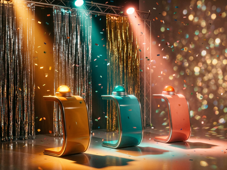 A retro game-show stage with three brightly coloured contestant podiums, glowing buzzers, tinsel curtains and confetti.