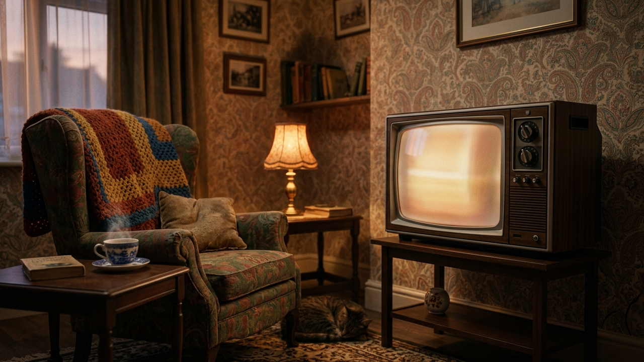 A vintage wood-panelled television glowing softly in a cosy 1980s living room with a knitted blanket and a cup of tea.