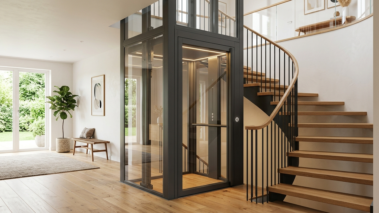 A compact modern home lift installed beside a staircase in a home.