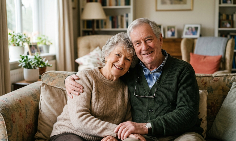 A smiling senior couple relaxing together at home.